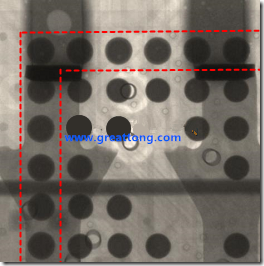 BGA錫球尺寸小于0.4mm，采用降低BGA內(nèi)圍襲球的錫膏量所得到X-Ray，稍微留意一下可以發(fā)現(xiàn)最外圈的錫量(圓的直徑)比其他內(nèi)圍的錫球上的錫量來(lái)得多一點(diǎn)點(diǎn)。也就是外圈的黑色圓形直徑比內(nèi)圈的圓形來(lái)得大一點(diǎn)點(diǎn)。