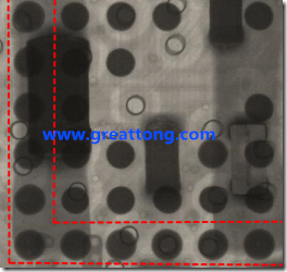 BGA錫球尺寸小于0.4mm，采用降低BGA內(nèi)圍襲球的錫膏量所得到X-Ray，稍微留意一下可以發(fā)現(xiàn)最外圈的錫量(圓的直徑)比其他內(nèi)圍的錫球上的錫量來(lái)得多一點(diǎn)點(diǎn)。也就是外圈的黑色圓形直徑比內(nèi)圈的圓形來(lái)得大一點(diǎn)點(diǎn)。