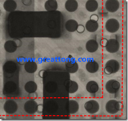 BGA錫球尺寸小于0.4mm，采用降低BGA內(nèi)圍襲球的錫膏量所得到X-Ray，稍微留意一下可以發(fā)現(xiàn)最外圈的錫量(圓的直徑)比其他內(nèi)圍的錫球上的錫量來(lái)得多一點(diǎn)點(diǎn)。也就是外圈的黑色圓形直徑比內(nèi)圈的圓形來(lái)得大一點(diǎn)點(diǎn)。