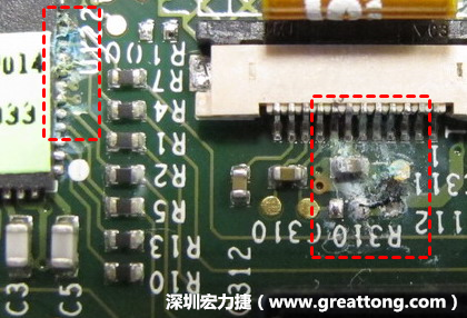 電路板疑似腐蝕氧化，懷疑電流異常過熱造成